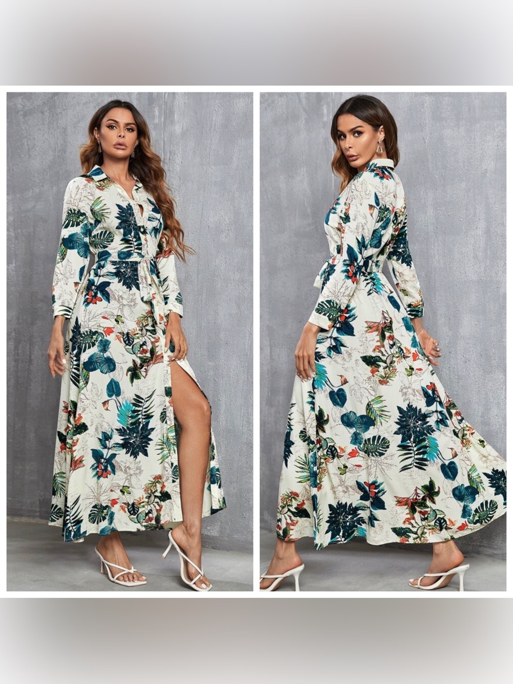 SHEIN White Tropical Floral Maxi Shirt Dress